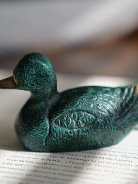 Brass Green Duck Figurine Paperweight Mid Century